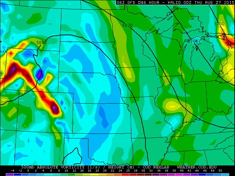 GFS model 500mb vorticity map, valid at 6pm Wednesday
