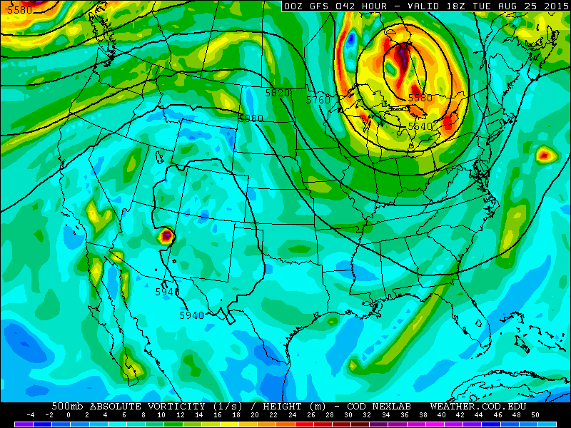 500 mb absolute vorticity pattern for Tuesday from the GFS model