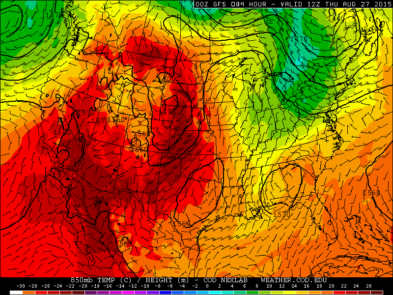 850 mb temperature, wind, and height pattern from the GFS model