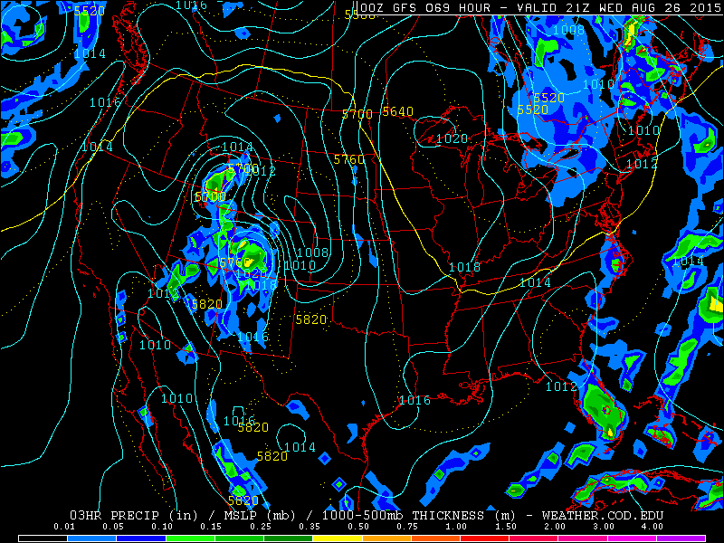 GFS mean sea level pressure and precipitation forecast for Wednesday