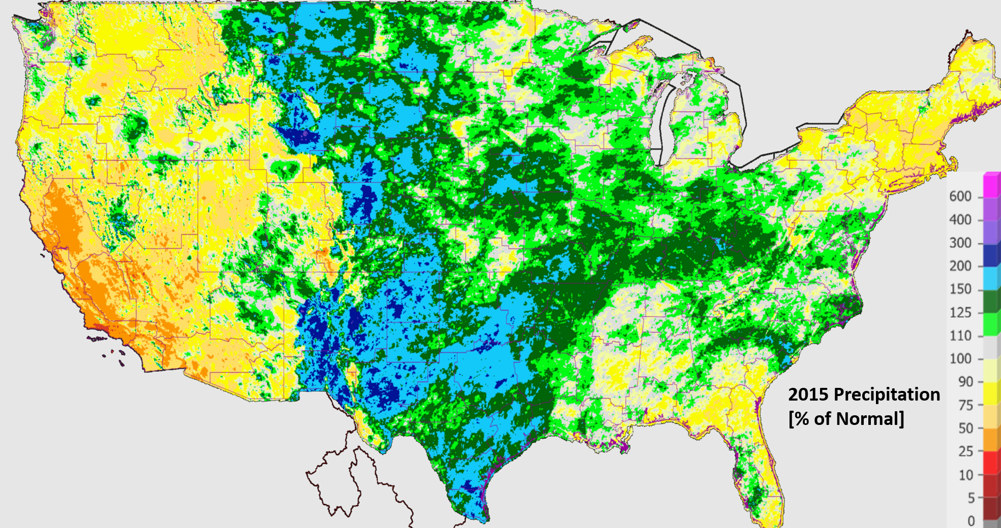 2015 Precipitation for the United State, given as a percentage of normal at each location