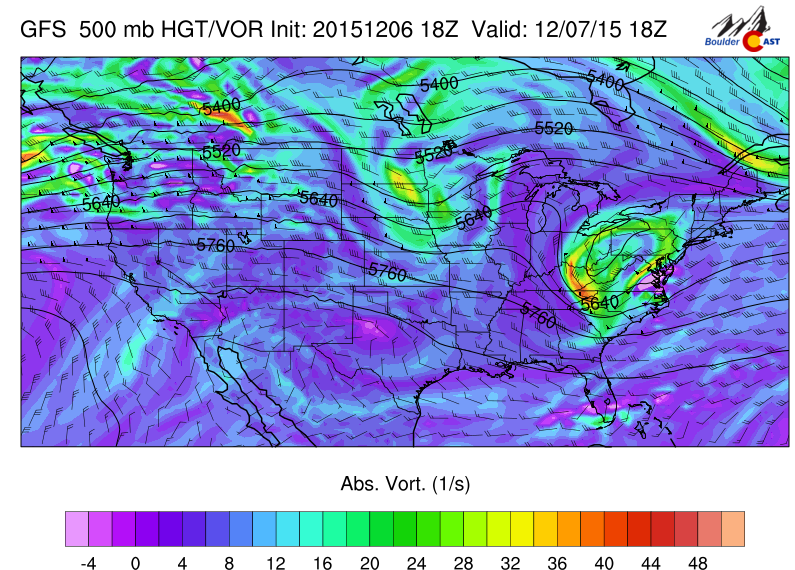 GFS 500mb vorticity map, valid at noon Monday