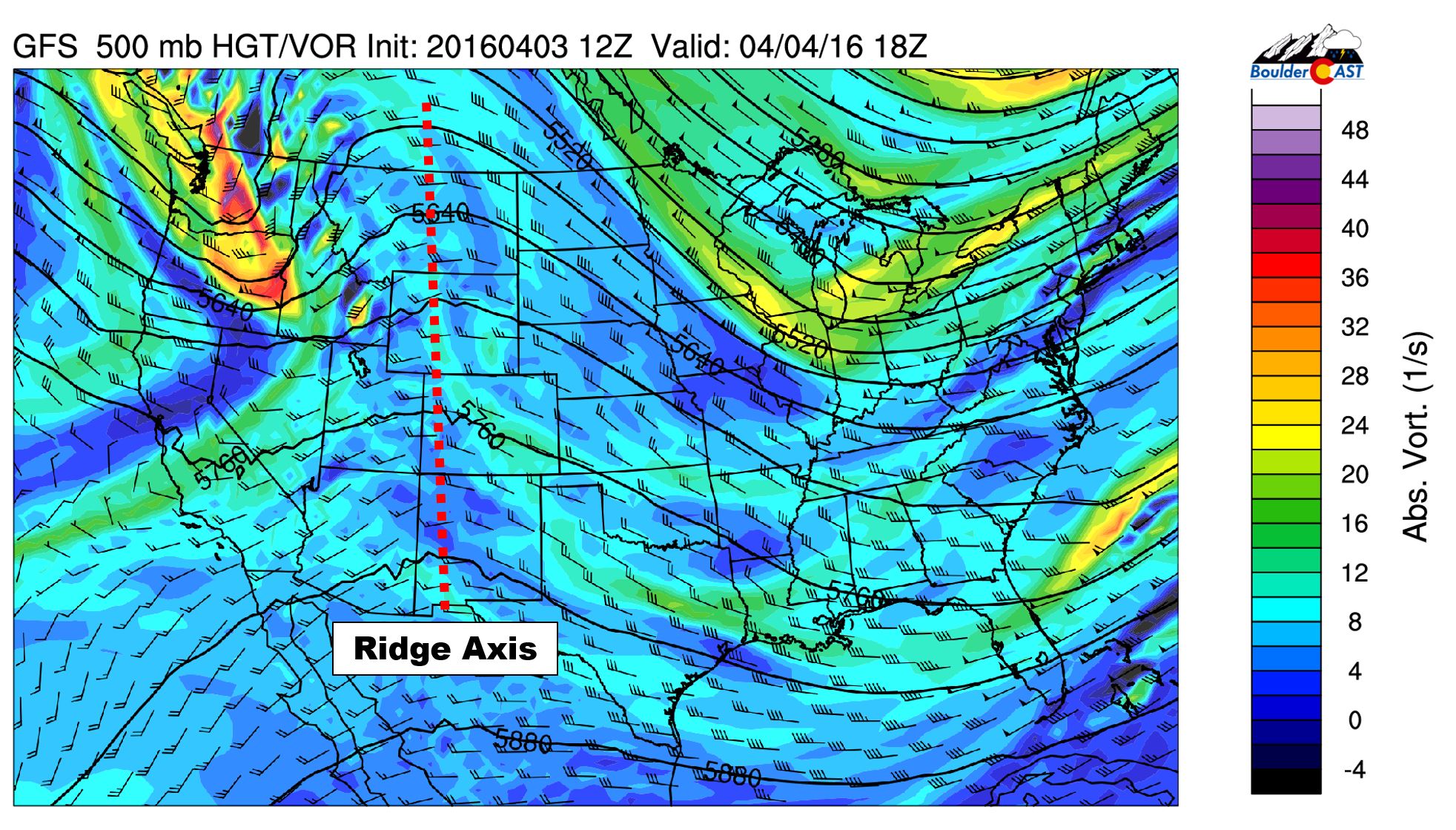 GFS 500 mb vorticity map valid this afternoon. The ridge axis is centered over Colorado