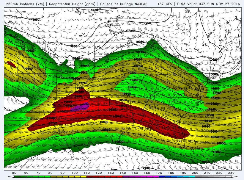 GFS 250 mb wind speeds and height pattern over the holiday weekend