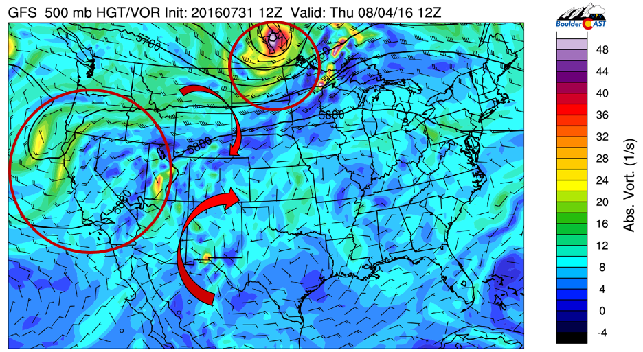 GFS 500 mb vorticity and mid-level flow for Thursday morning