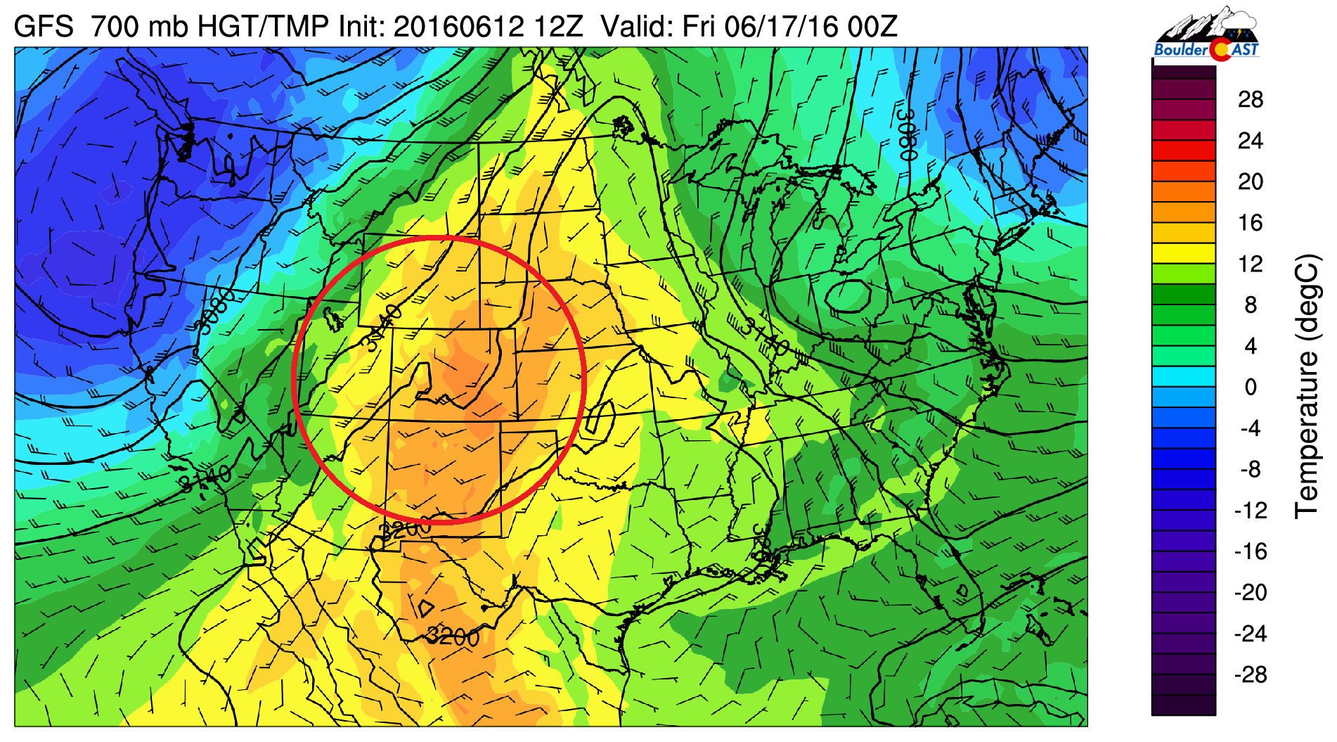 GFS 700 mb temperature for Thursday, showing temperatures near 17 degC, supporting middle 90's over the Plains 