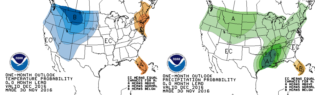 Climate Forecast System outlook for December's temperature (left) and precipitation (right) anomalies.