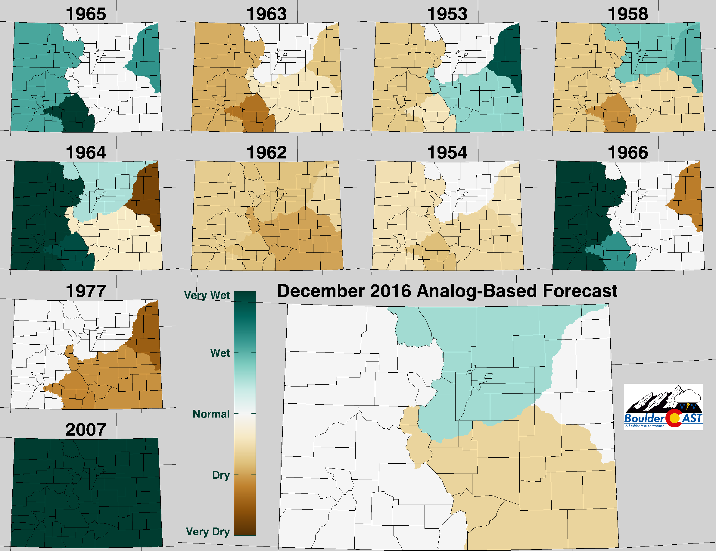 Top 10 Analogs to 2016 and how those years played for PRECIPITATION in Colorado during the month of December. The large map shows the analog-based weighted consensus forecast based on those 10 years.