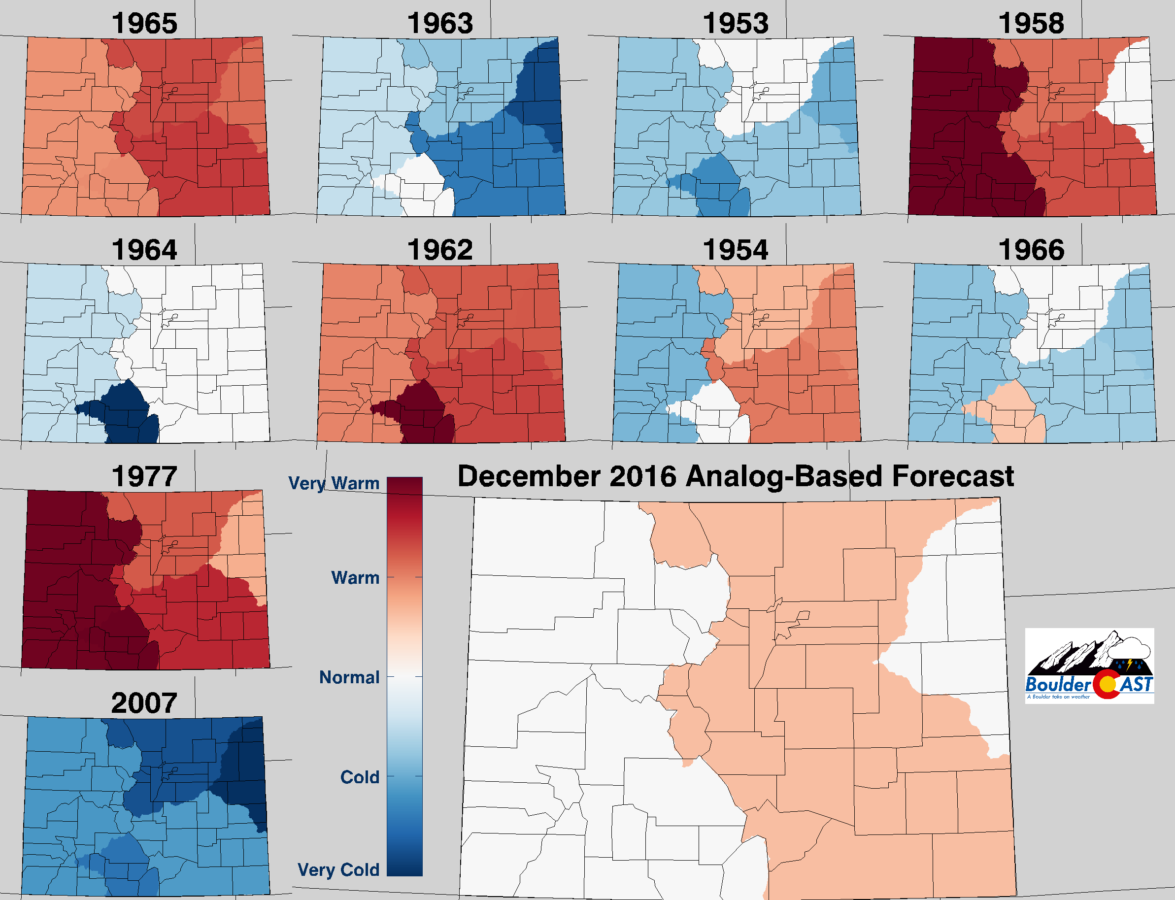 Top 10 Analogs to 2016 and how those years played for TEMPERATURE in Colorado during the month of December. The large map shows the analog-based weighted consensus forecast based on those 10 years.