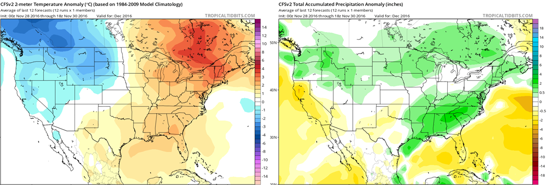 Climate Forecast System outlook for December's temperature (left) and precipitation (right) anomalies.