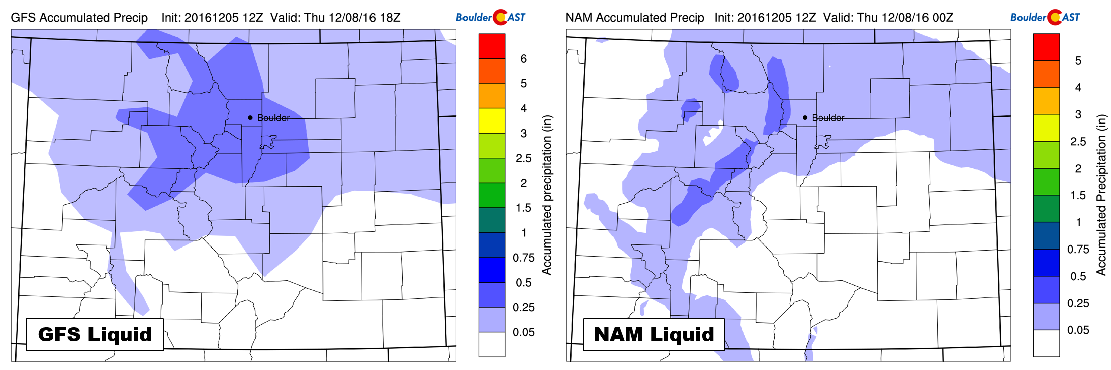 Total accumulated liquid precipitation forecast maps from the GFS (left) and NAM (right) models