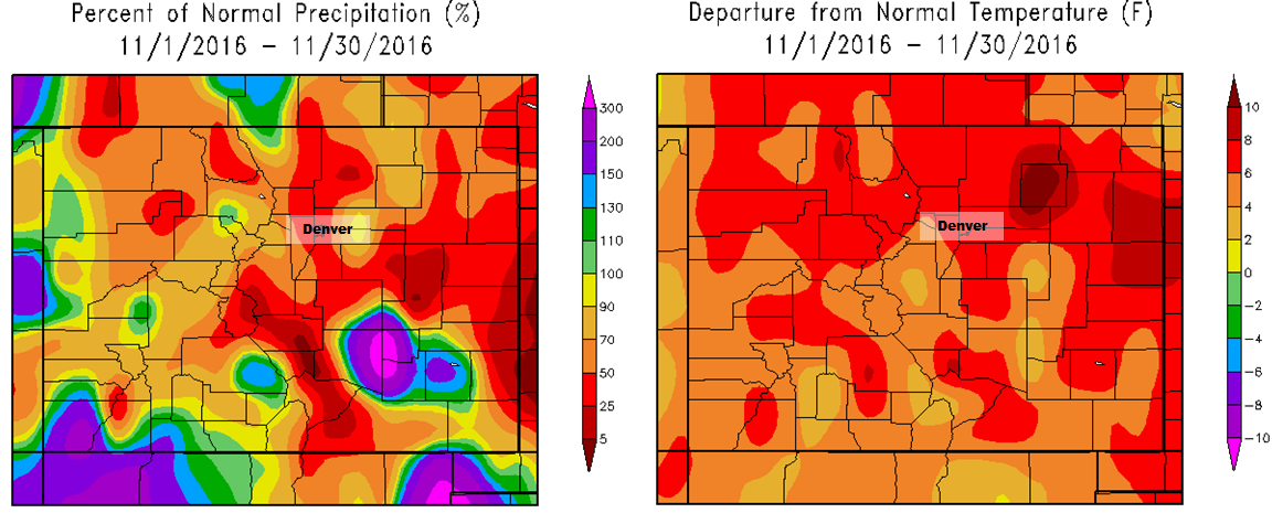 Precipitation and temperature departures from normal for Colorado for the month of October 2016.