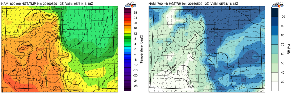 NAM model 800 mb temperature and wind forecast (left) and 700 mb relative humidity (right) for Tuesday