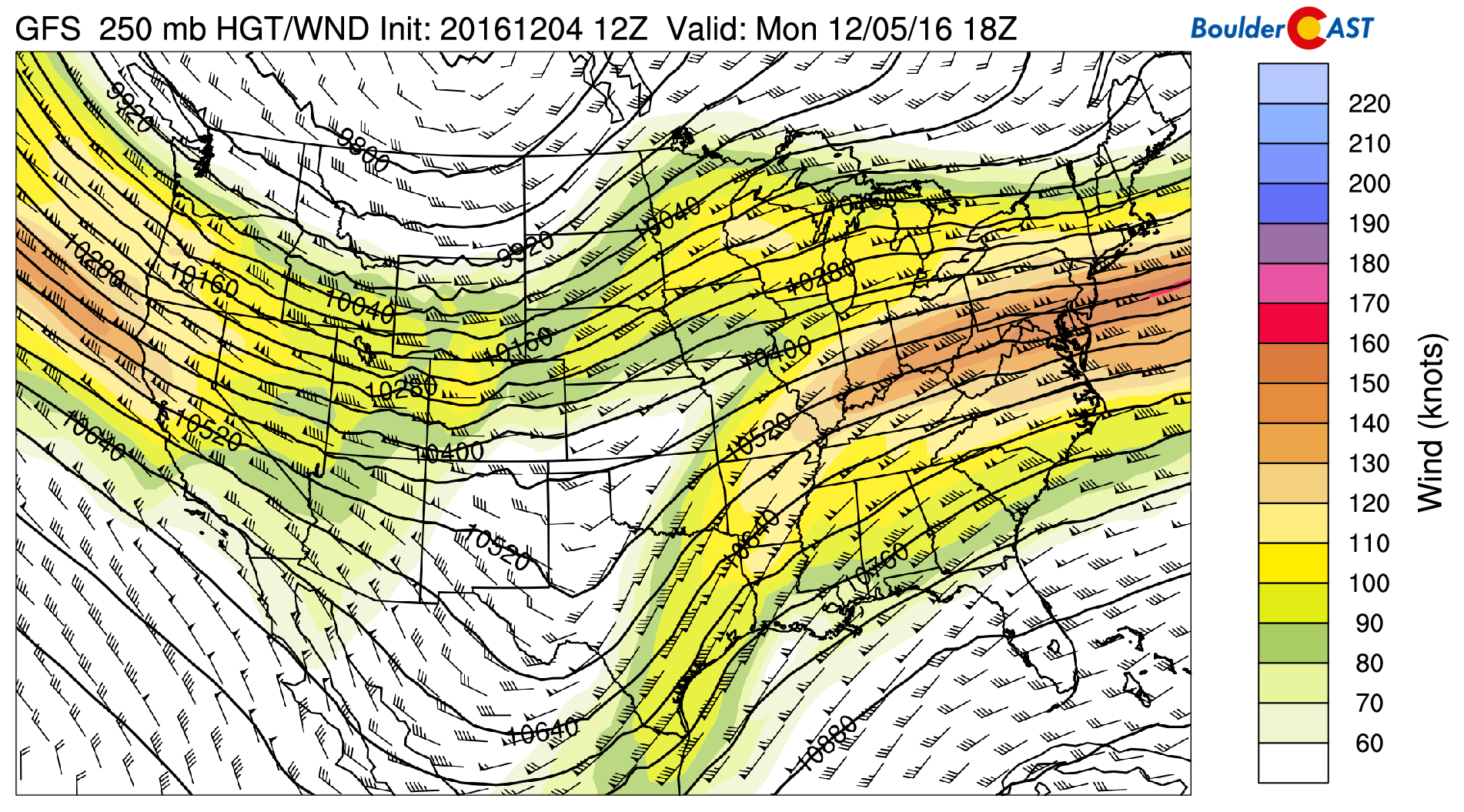 GFS 250 mb upper-level wind speed and jet stream today