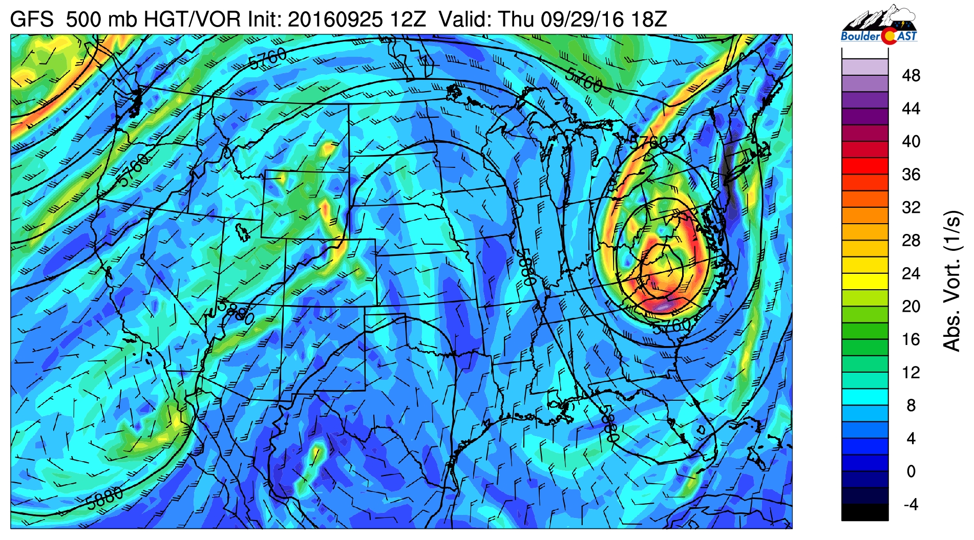 GFS 500 mb vorticity and wind for Thursday