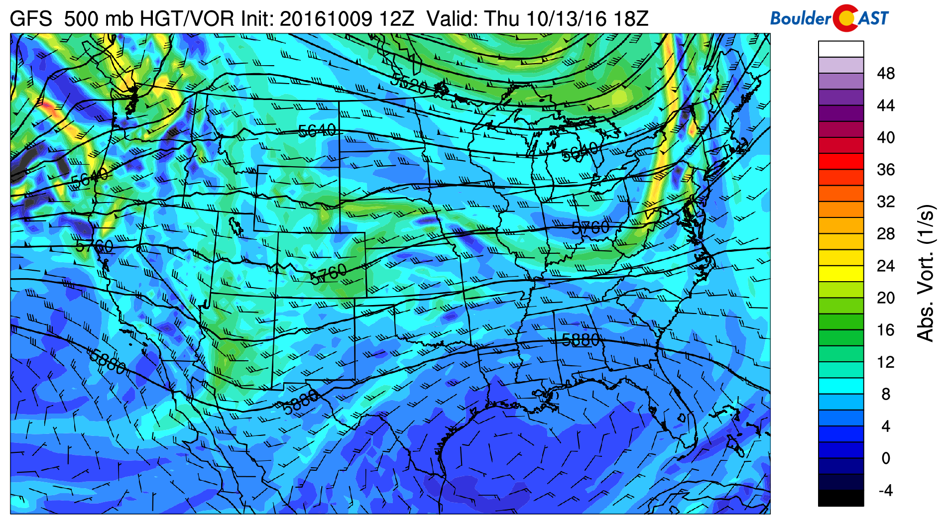 GFS 500 mb height and vorticity field for Thursday