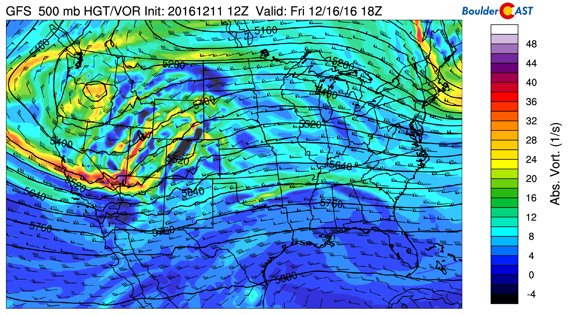 GFS 500mb vorticity map showing a broad trough coming ashore from the Pacific