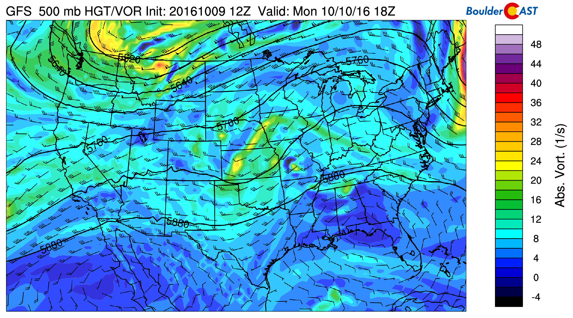 GFS 500 mb height and vorticity field for today