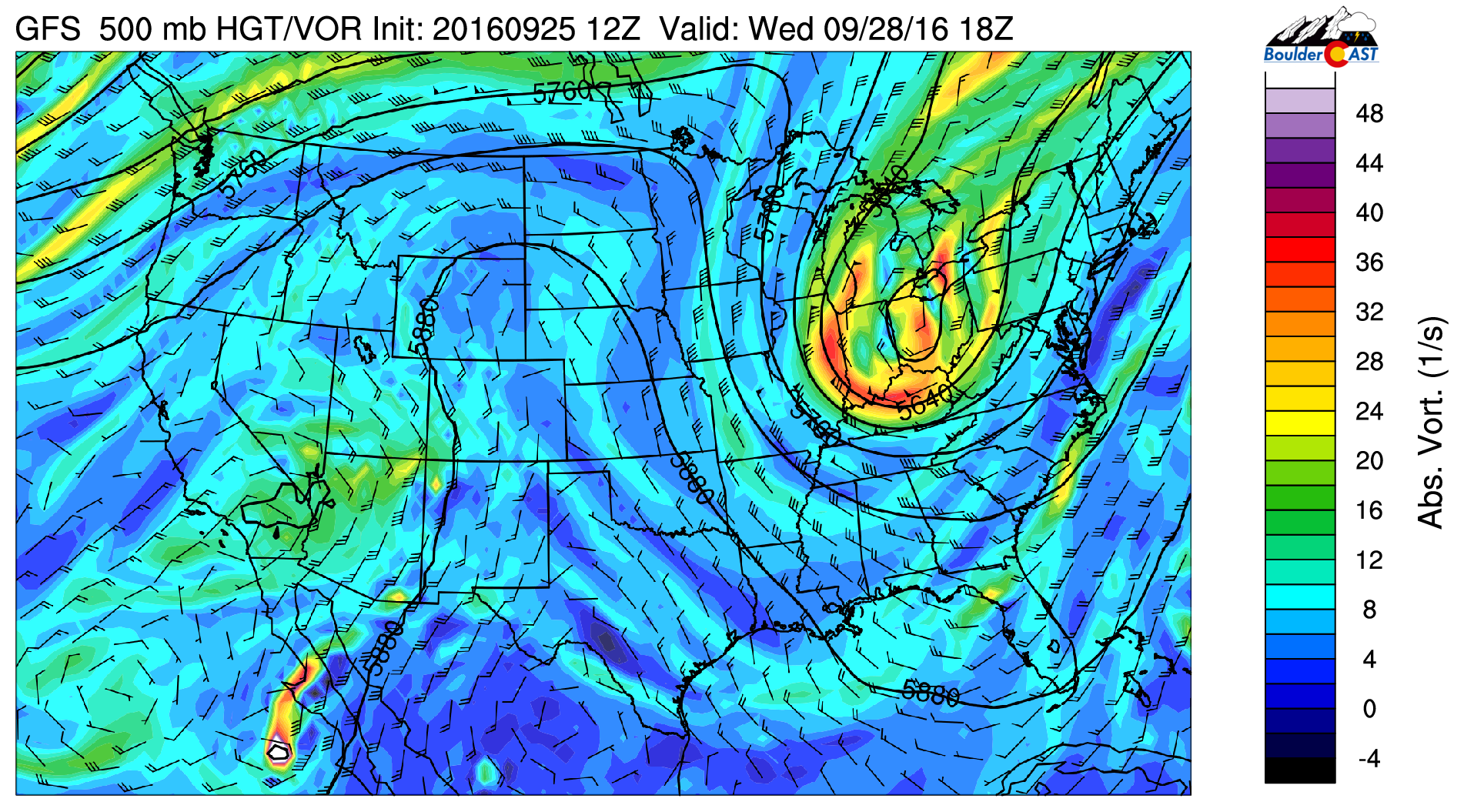 GFS 500 mb vorticity and wind field for Wednesday