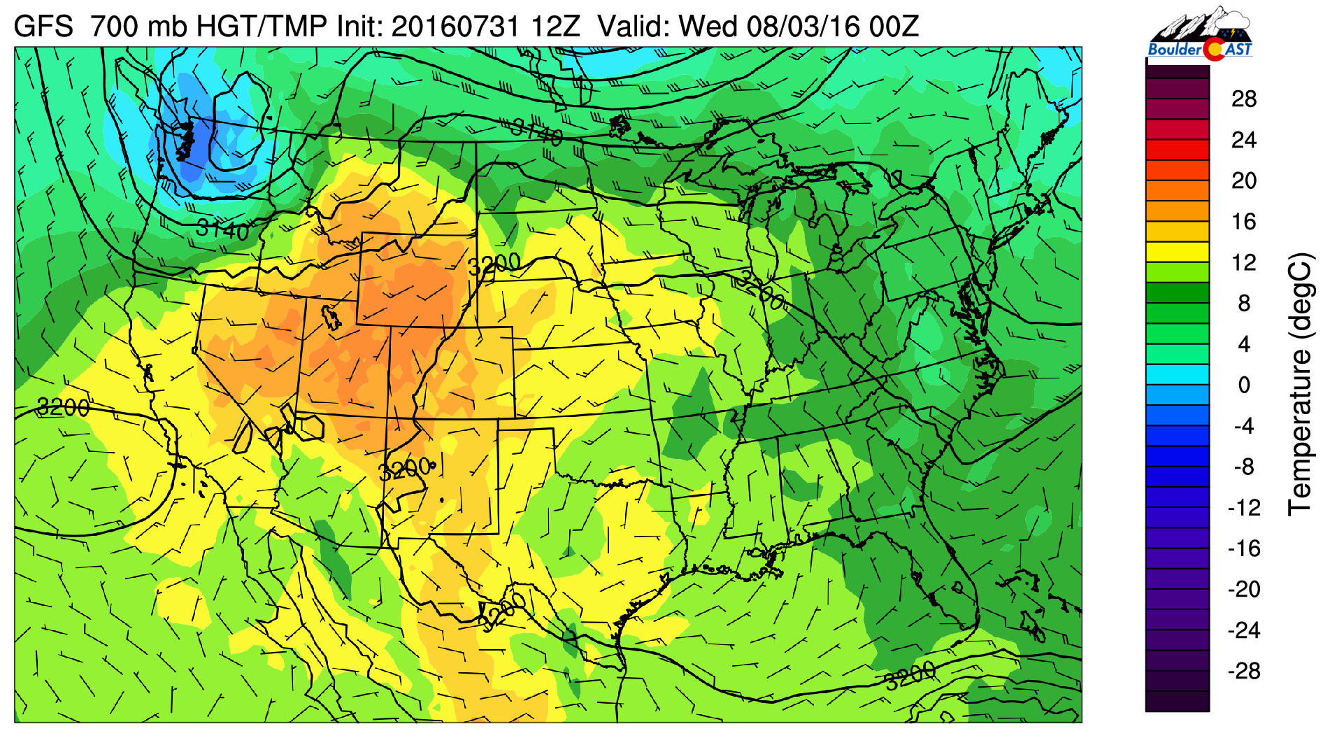 GFS 700 mb temperature for Tuesday over the U.S.
