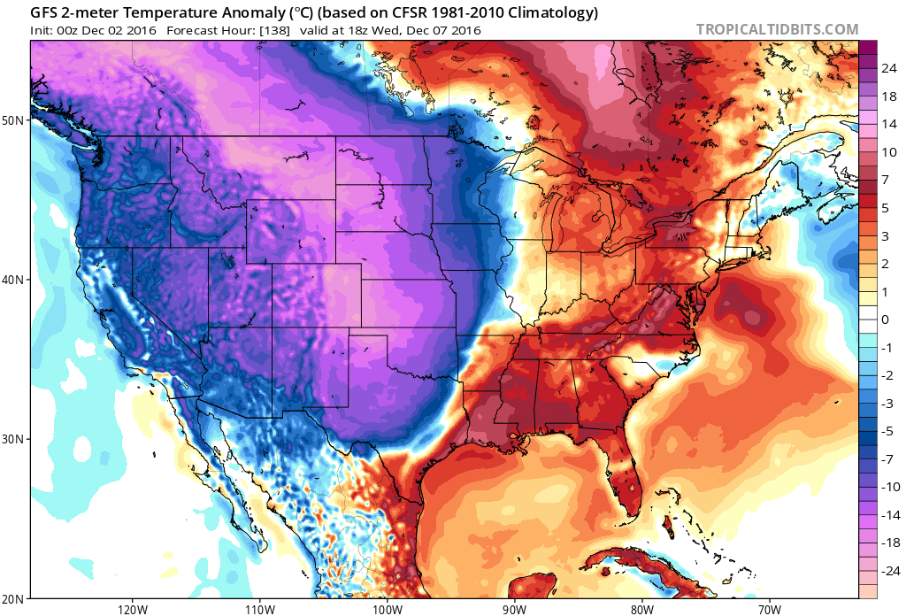 GFS forecast temperature anomaly for next Wednesday. Brrr!