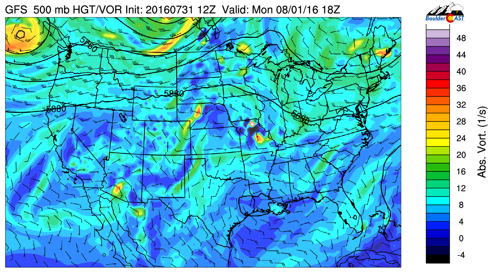 GFS 500 mb vorticity and mid-level flow for today
