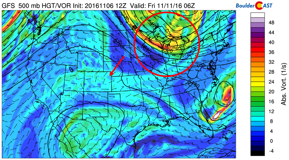 GFS 500 mb mid-level atmospheric flow for Thu night/Friday morning