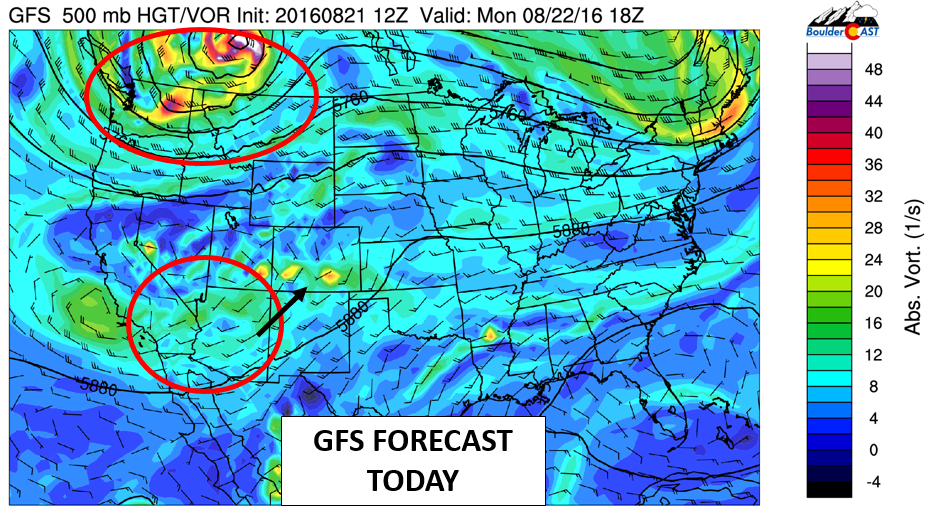 GFS 500 vorticity for Monday afternoon, showing the two areas of circulation mentioned previously
