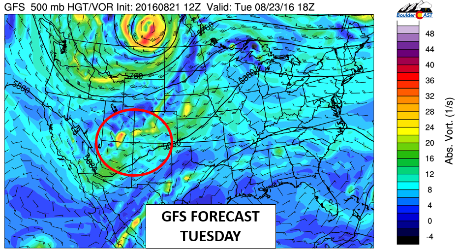 GFS 500 mb vorticity and mid-level pattern for Tuesday