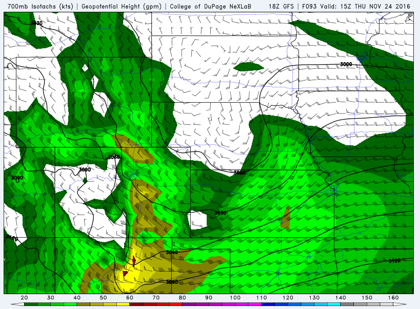GFS 700 mb wind field for Thursday, showing northwest winds for the Plains potentially up to 50 mph