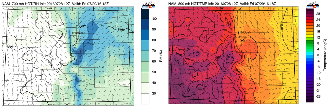 700 mb relative humidity (left) and 800 mb temperature (right) for this afternoon
