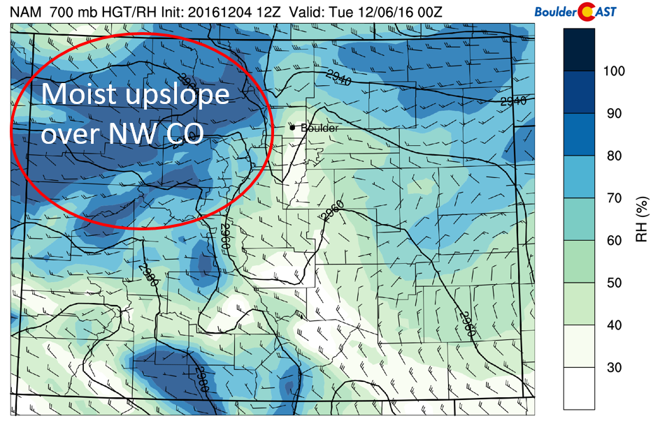 NAM 700 mb relative humidity and winds in the High Country today