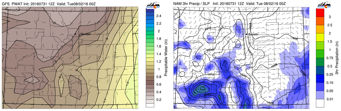 GFS Precipitable water (moisture) at left and NAM 3-hr precipitation this evening (right)
