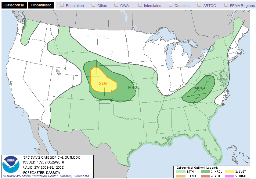 Storm Prediction Center severe weather outlook for Monday night