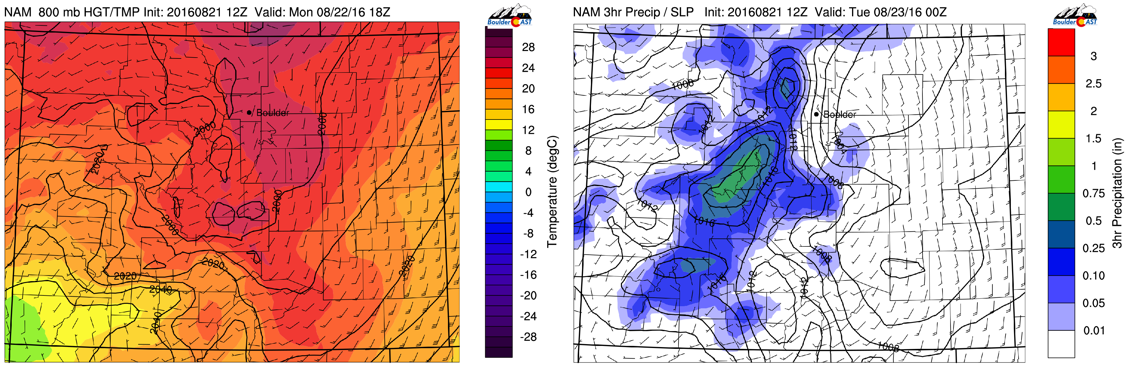 NAM near surface temperature (left) and precipitation for this evening (right)