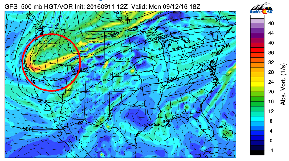 GFS 500 mb vorticity and height pattern for today
