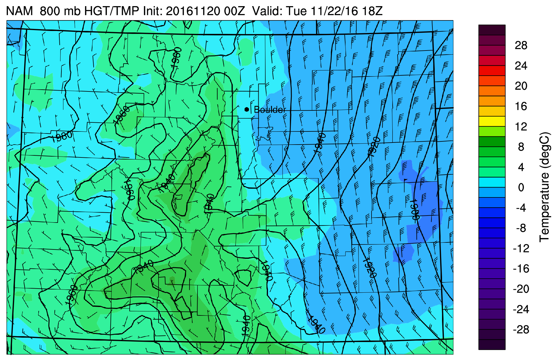 NAM 800 mb temperature and wind for Tuesday