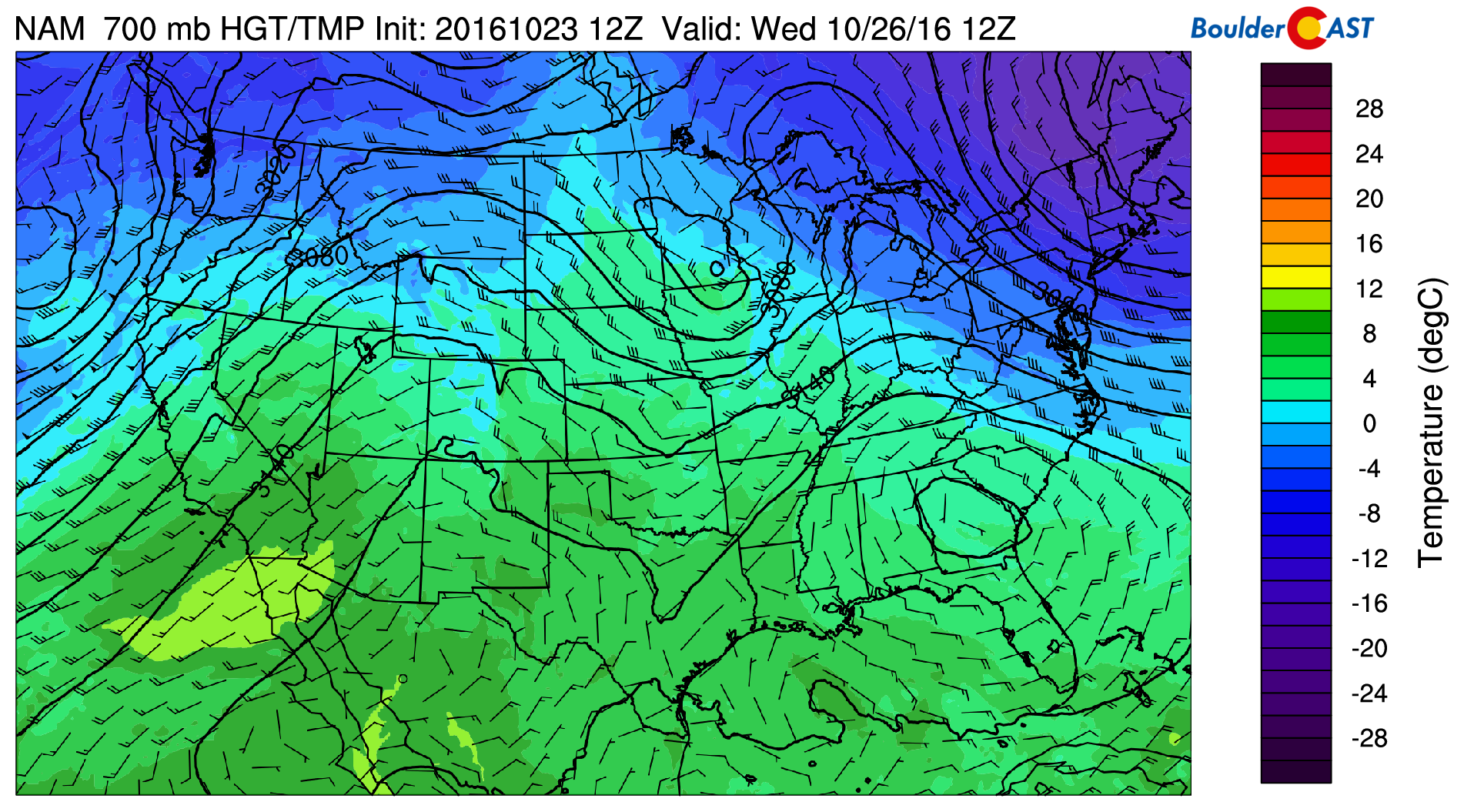 GFS 700 mb temperatures and wind for Wednesday morning, showing the cooler air and northerly flow