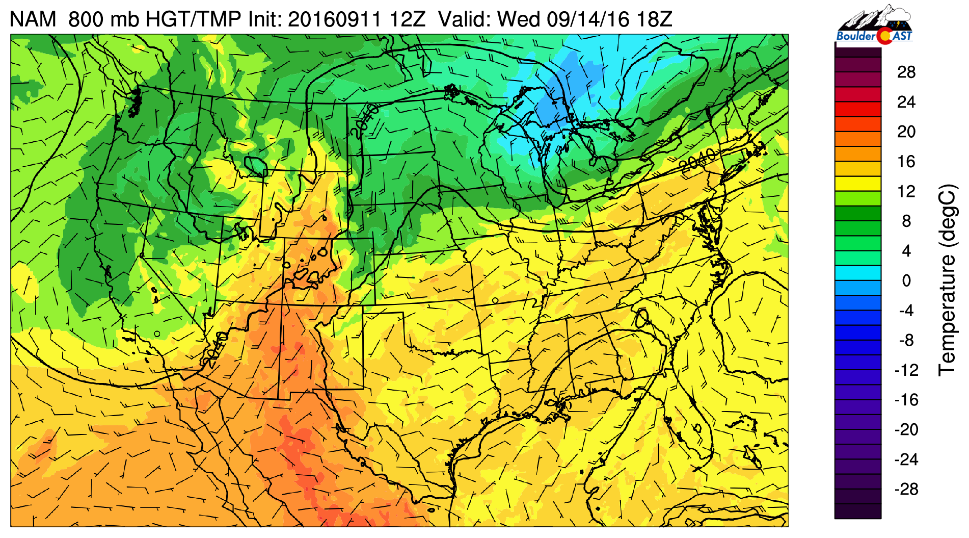 NAM 800 temperatures and winds for Wednesday