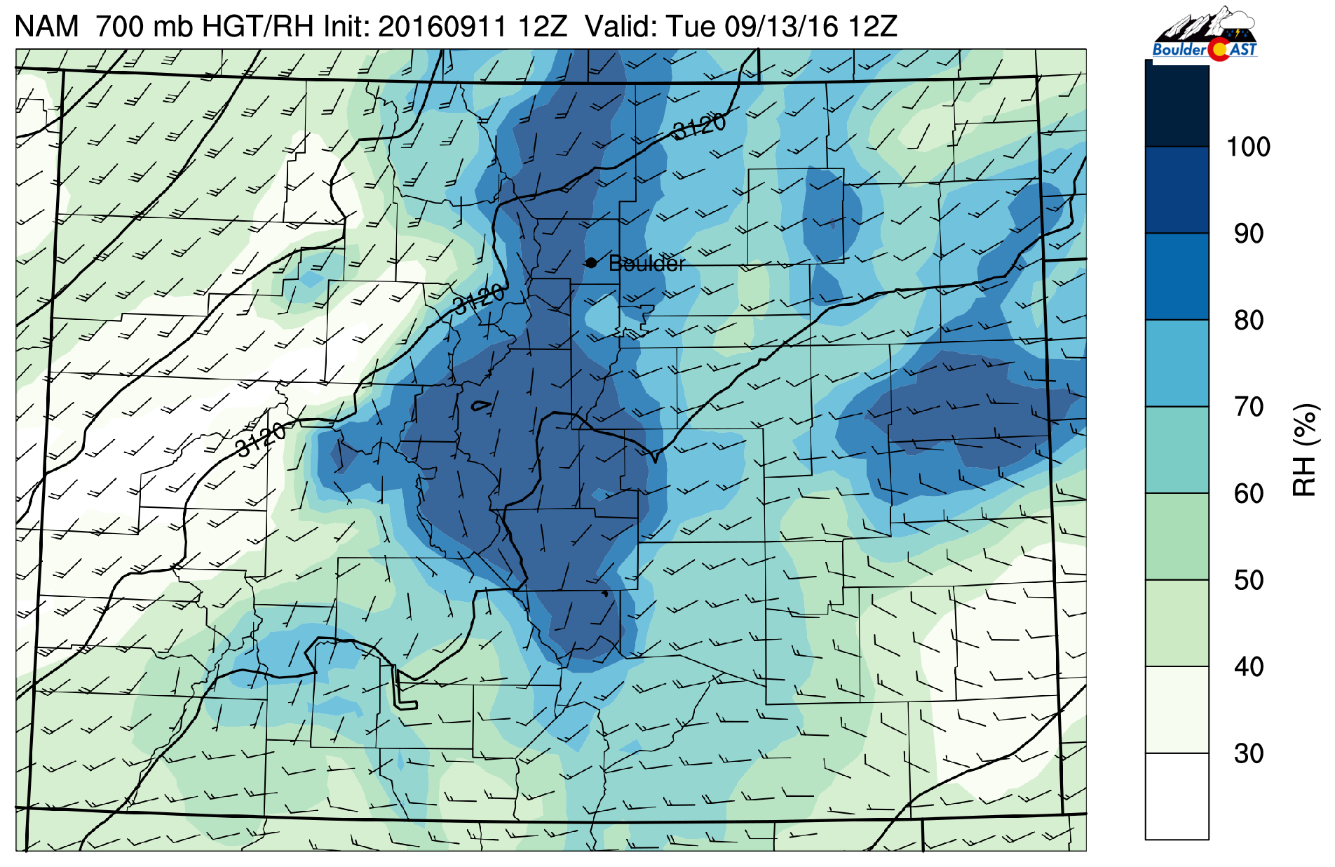 NAM 700 mb relative humidity and wind speeds for Tuesday morning
