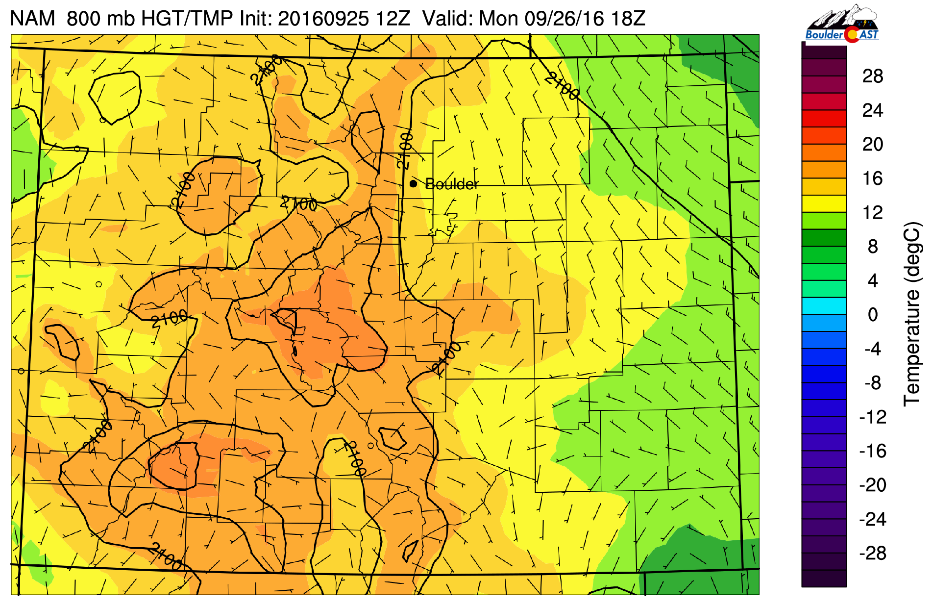 NAM 800 mb temperature and wind pattern today