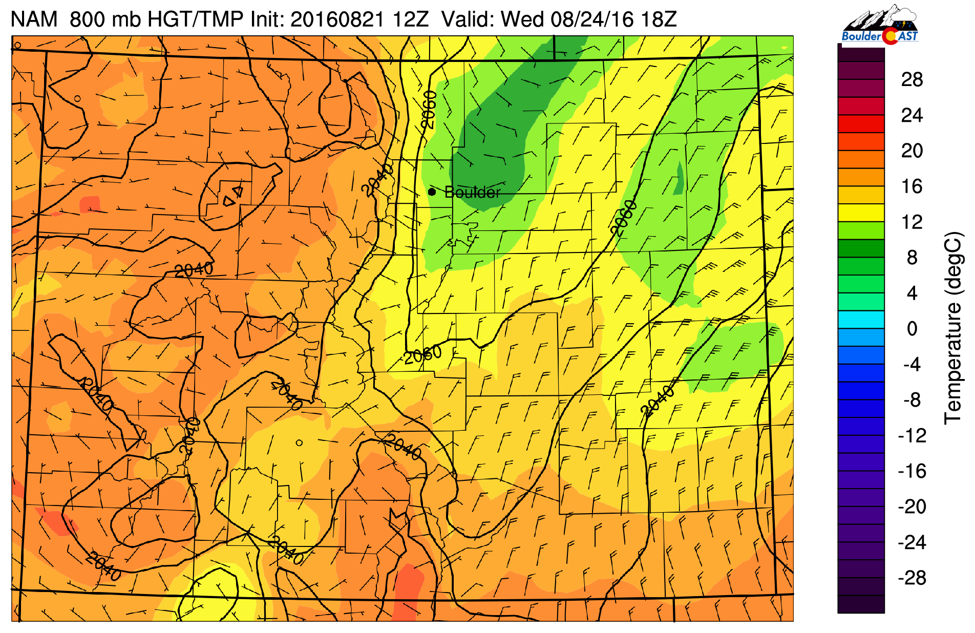 NAM forecast of near-surface temperature and wind Wednesday afternoon