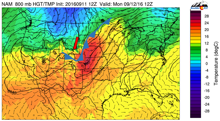 NAM 800 mb temperature and wind for this morning