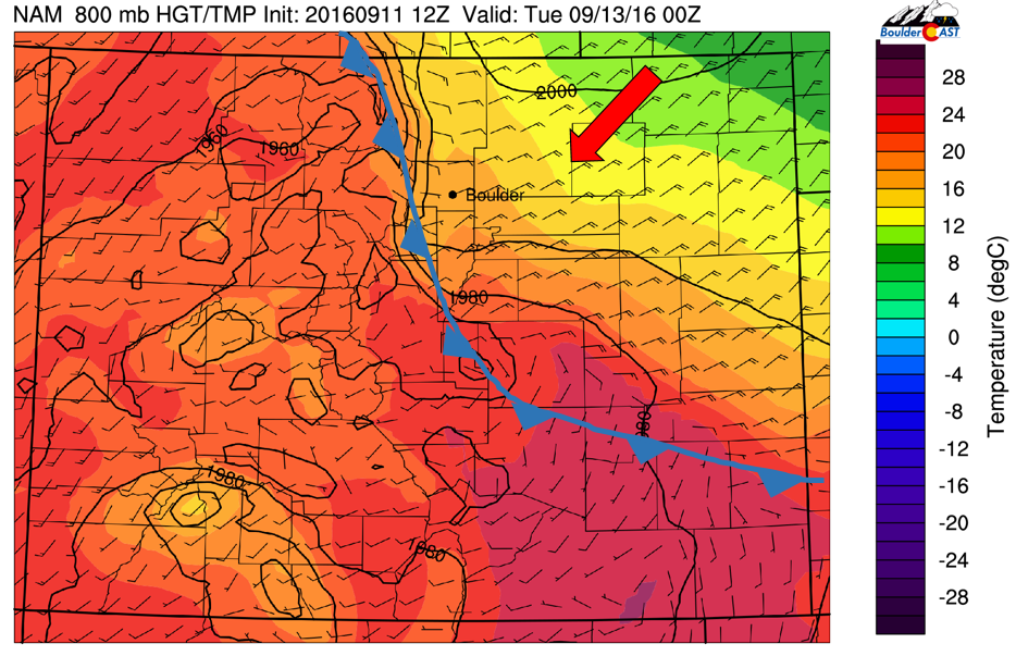 NAM 800 mb temperature and wind this evening over Colorado