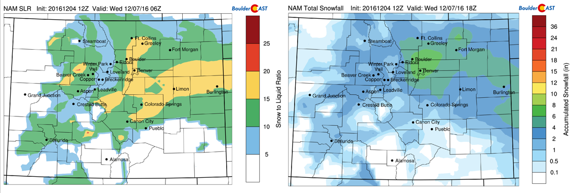 NAM snow-to-liquid ratio (left) and total snow Tuesday into Wednesday across Colorado