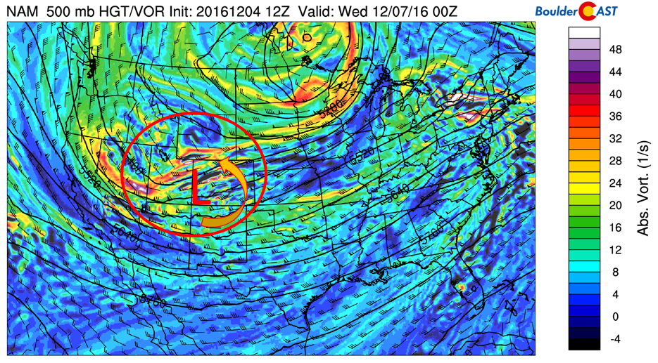NAM mid-level absolute vorticity and low pressure system on Tuesday. Arrow indicates upslope flow on Plains