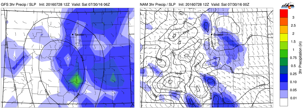GFS (left) and NAM (right) model forecasted 3-hr precipitation for this evening and tonight