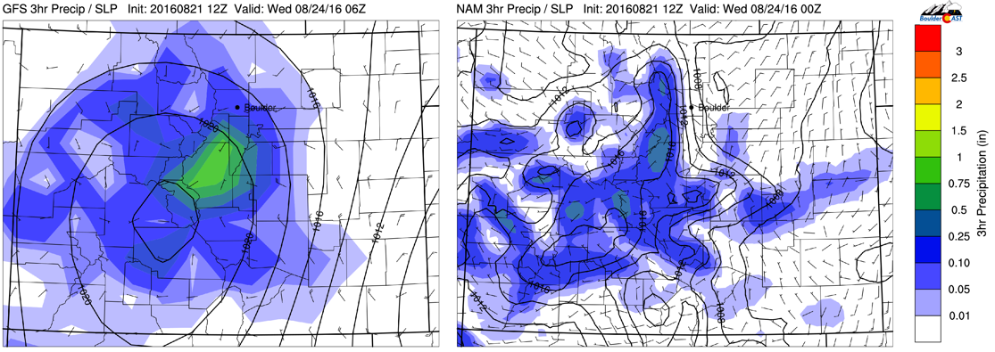 GFS (left) and NAM (right) 3-hr precipitation for Tuesday afternoon/evening