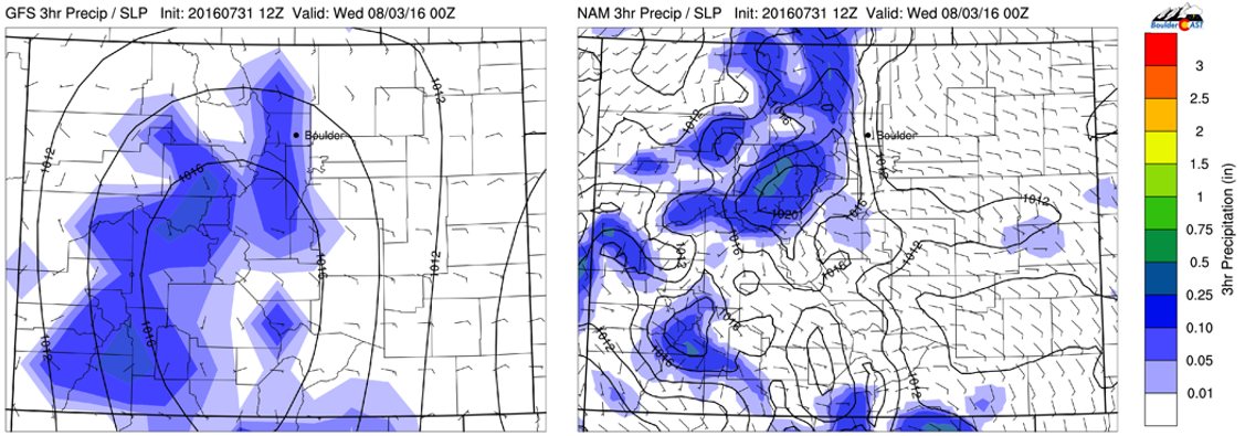GFS (left) and NAM (right) 3-hr precipitation Tuesday evening