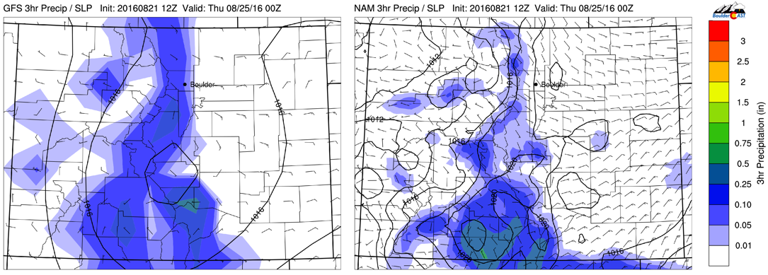 GFS (left) and NAM (left) 3-hr precipitation for Wednesday